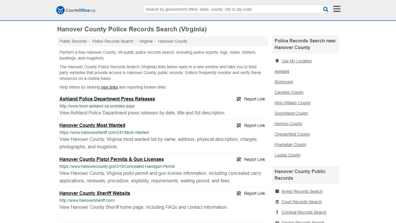 Police Records Search - Hanover County, VA (Accidents & Arrest Records)